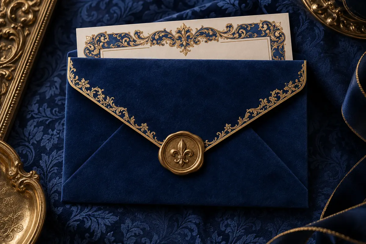 Royal Blue Baroque envelope and wax seal